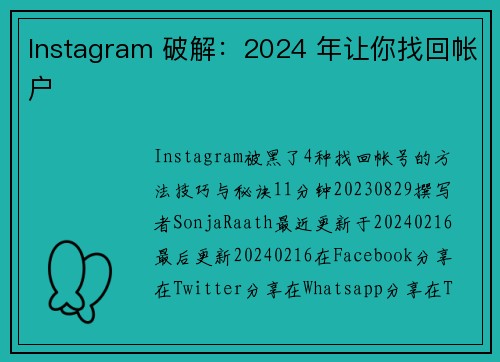 Instagram 破解：2024 年让你找回帐户 